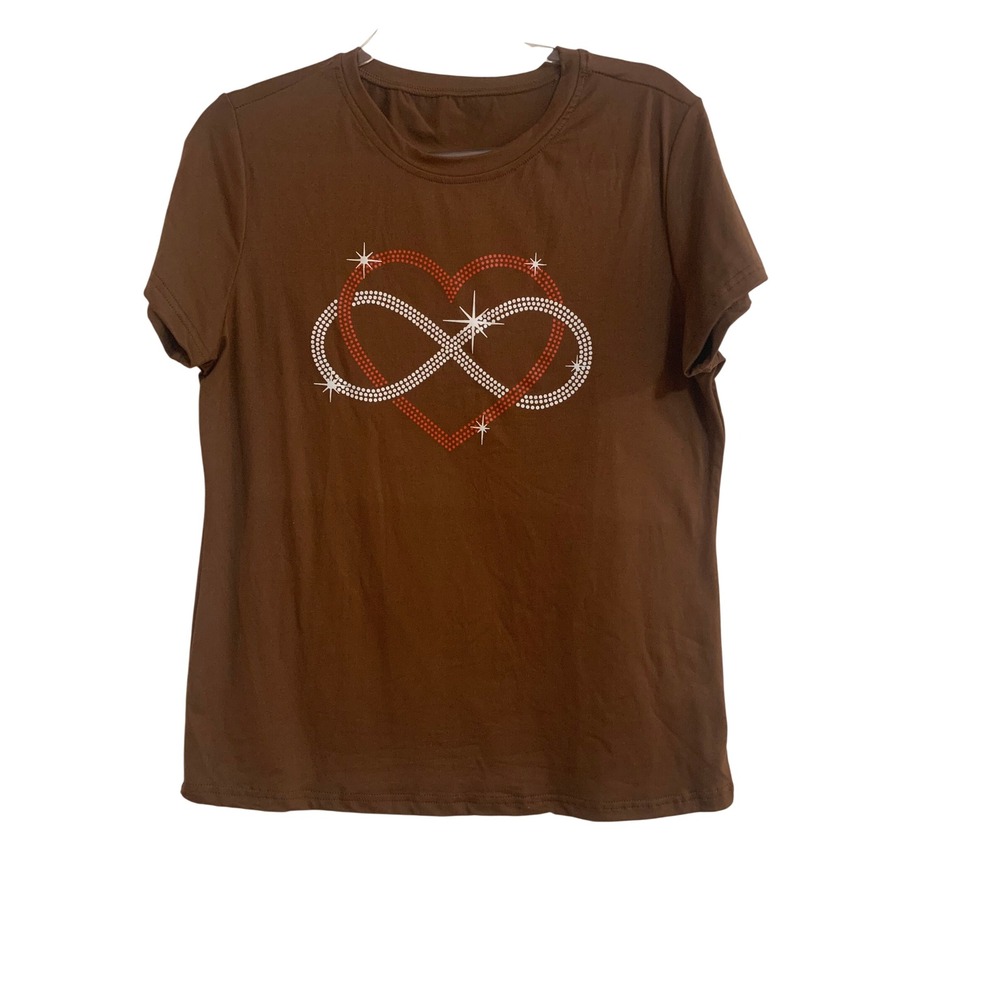 Shein Brown Heart Infinity Graphic T-Shirt Short Sleeve Crew Neck Top Large